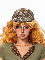 sugartiger Caramel Leopard Vintage Distressed Lace Mesh Visor Women's Berets