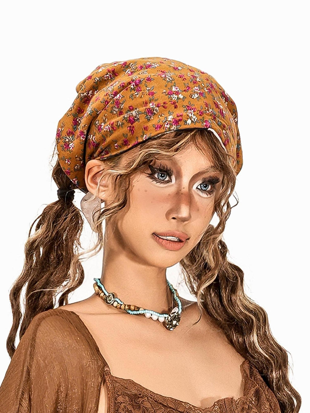 sugartiger Caramel Leopard Vintage Ditsy Floral Women's Rectangular Printed Headdresses