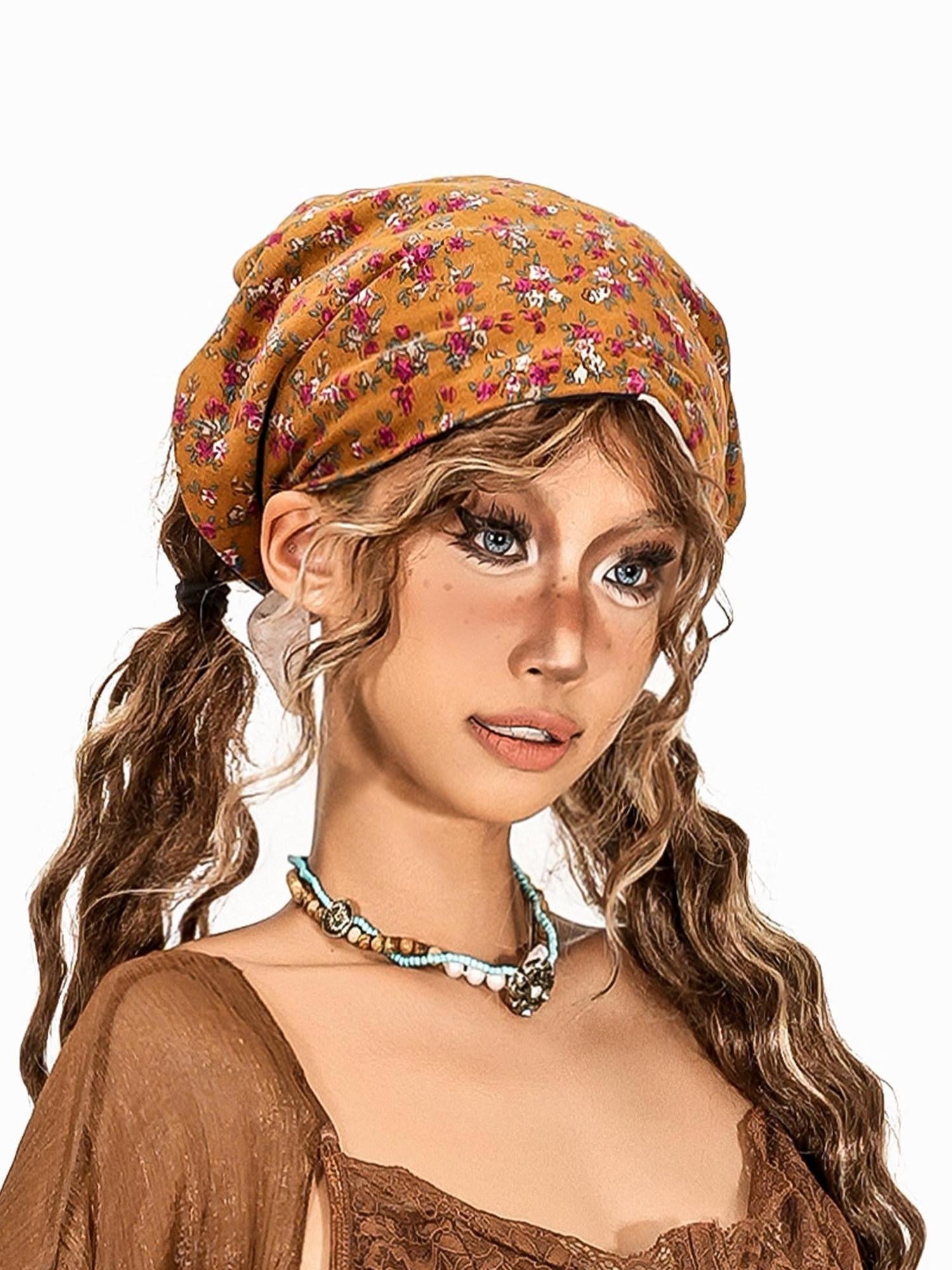 sugartiger Caramel Leopard Vintage Ditsy Floral Women's Rectangular Printed Headdresses