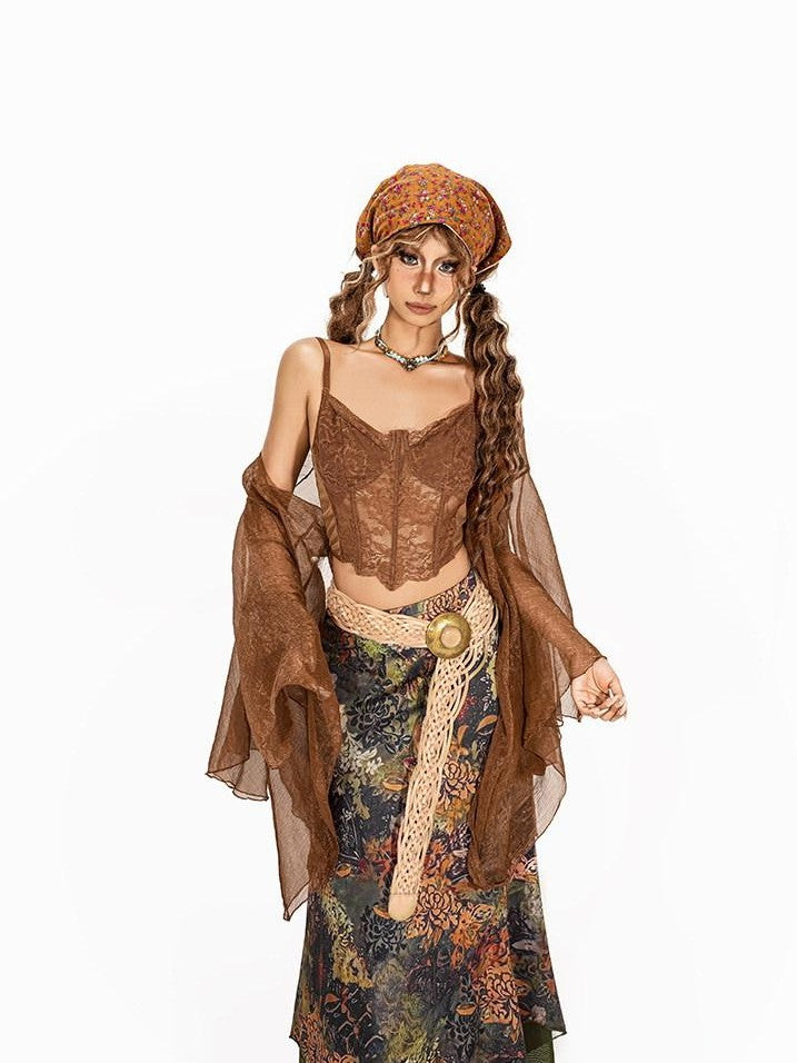 sugartiger Caramel Leopard Vintage Ditsy Floral Women's Rectangular Printed Headdresses