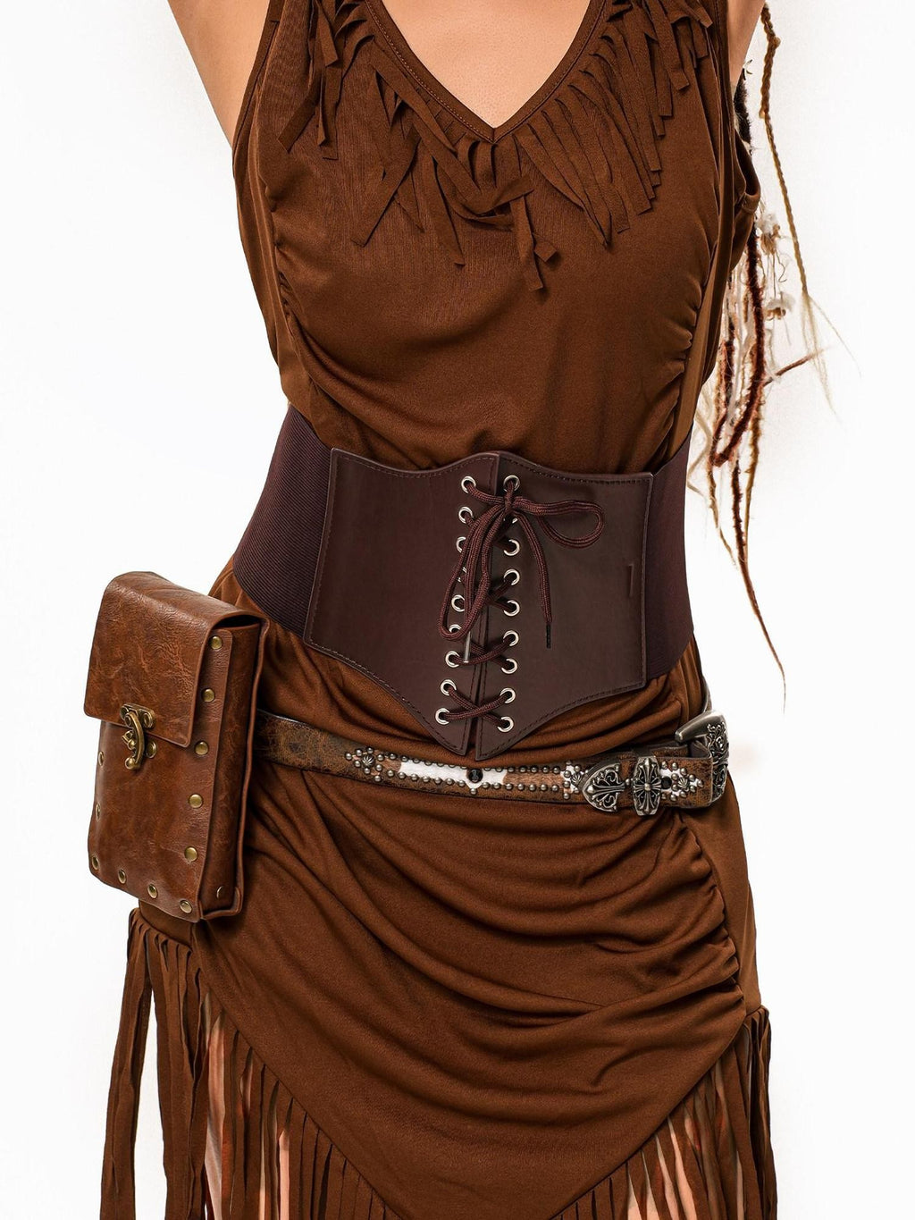 sugartiger Caramel Leopard Vintage Lace Up Waist Cincher Wide Punk Layering Women's Belts