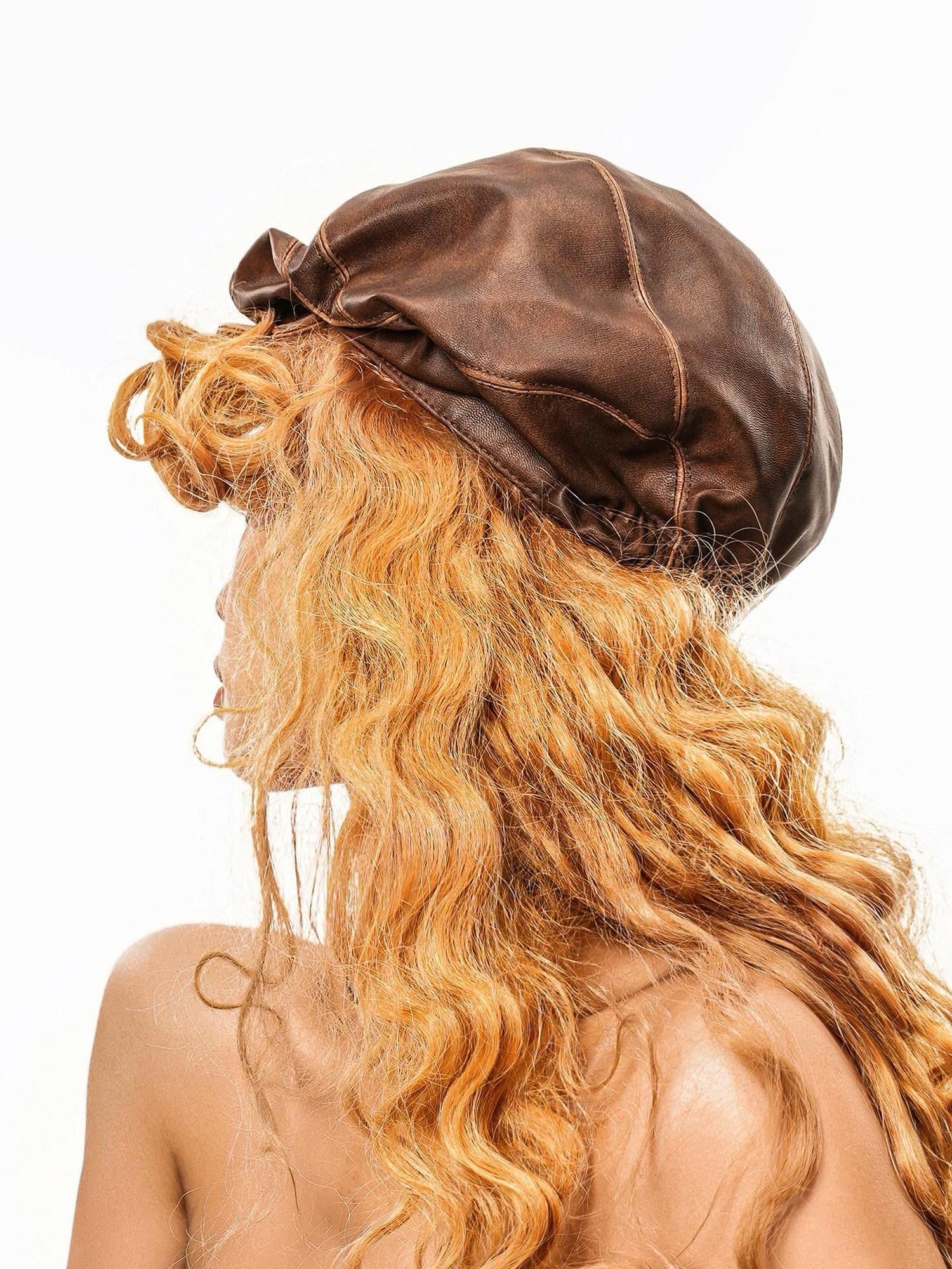 sugartiger Caramel Leopard Vintage Pleated Irregular Octagonal Women's Leather Berets