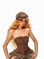 sugartiger Caramel Leopard Vintage Pleated Irregular Octagonal Women's Leather Berets