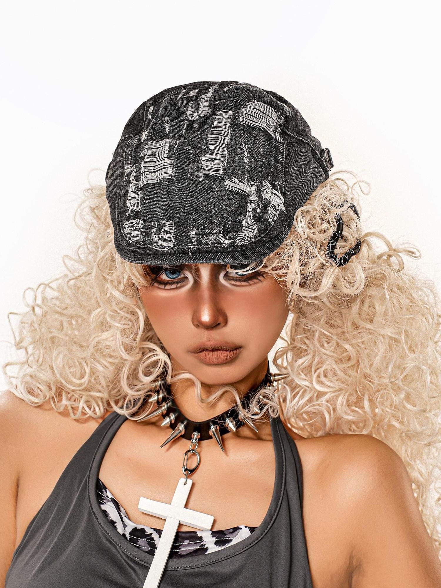 sugartiger Caramel Leopard Washed Adjustable Flat Top Painter Visor Women's Denim Berets