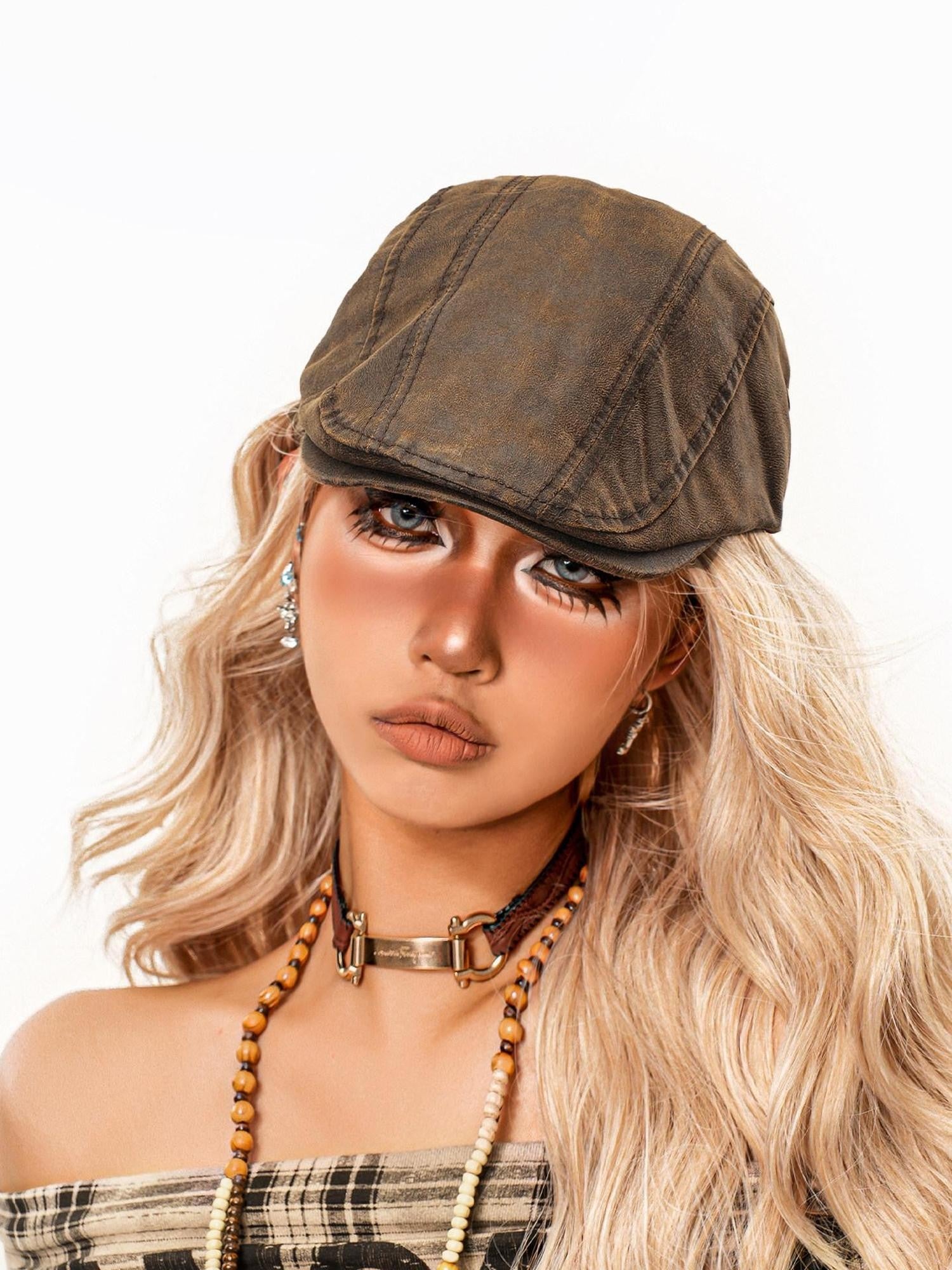 sugartiger Caramel Leopard Washed Distressed Flat Brim Round Top Women's Adjustable Berets