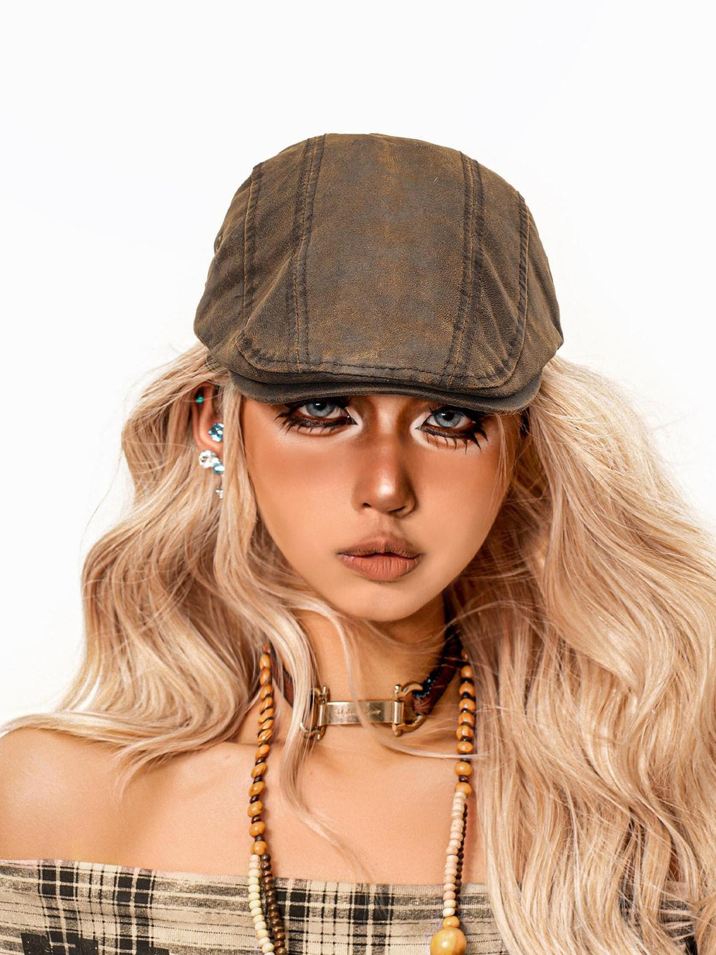 sugartiger Caramel Leopard Washed Distressed Flat Brim Round Top Women's Adjustable Berets
