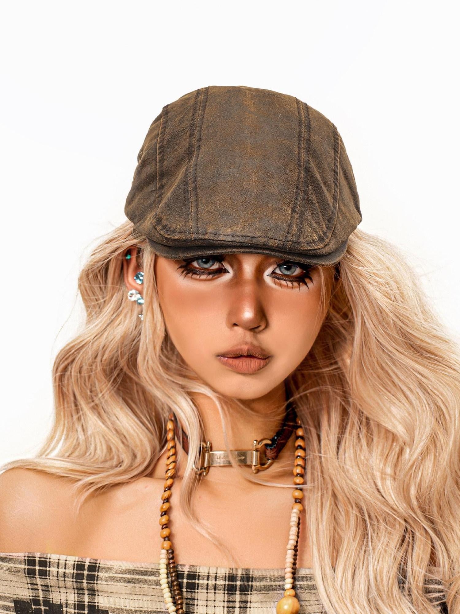 sugartiger Caramel Leopard Washed Distressed Flat Brim Round Top Women's Adjustable Berets