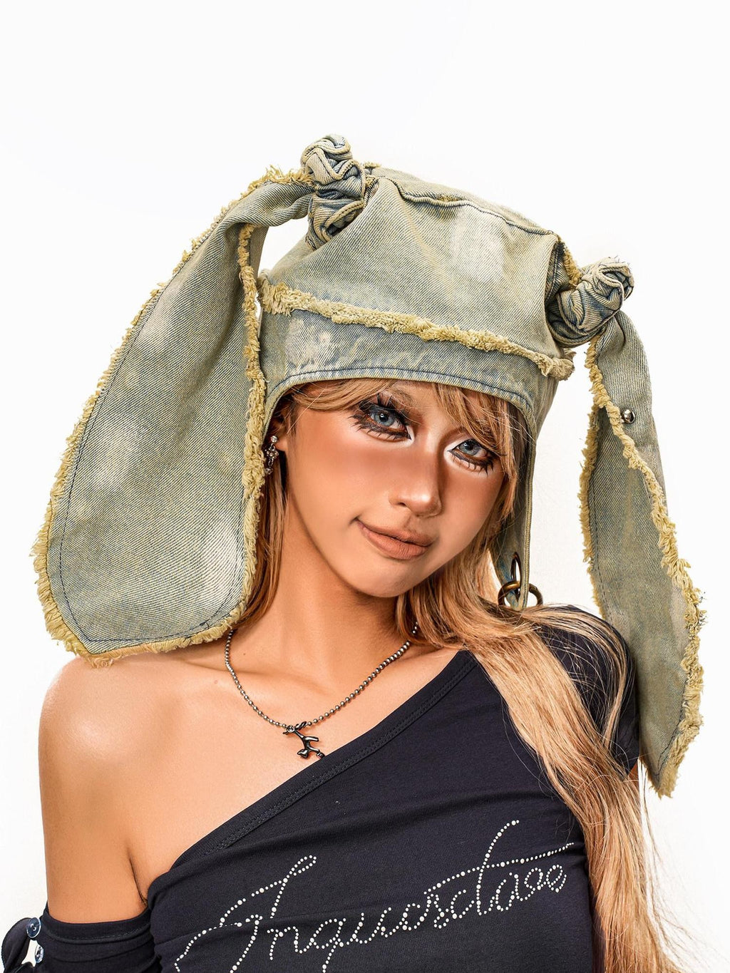 sugartiger Caramel Leopard Washed Distressed Rabbit Ear Vintage Women's Denim Hats