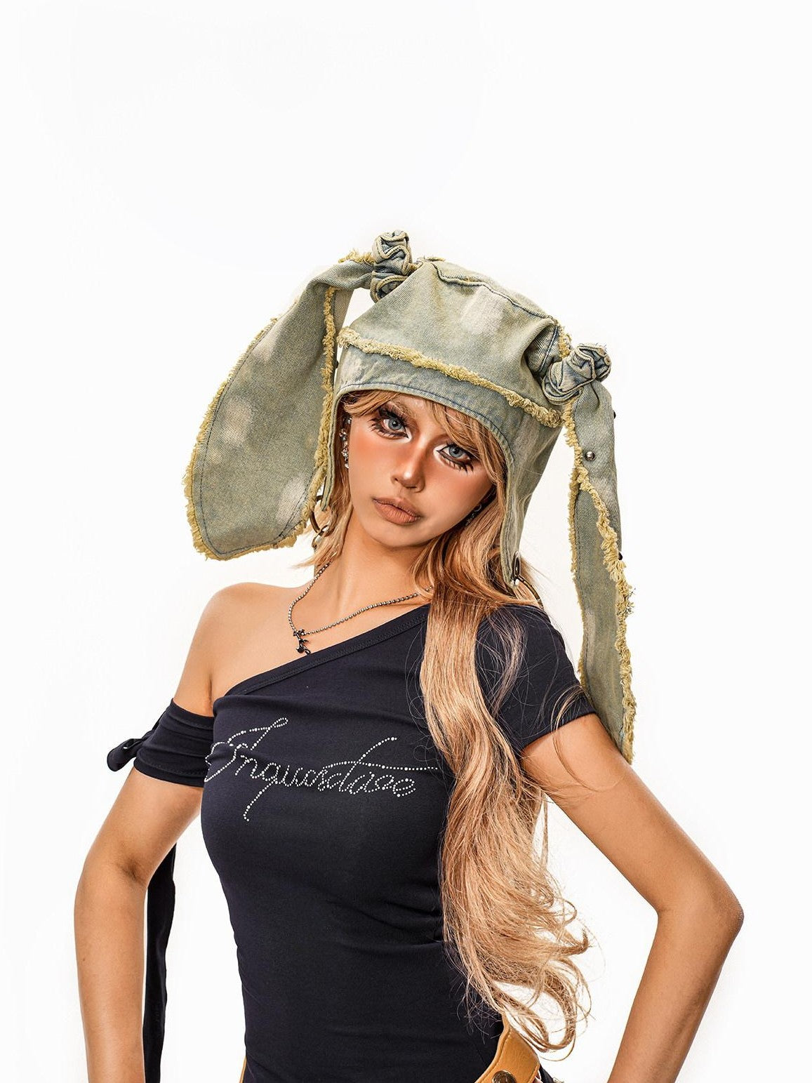 sugartiger Caramel Leopard Washed Distressed Rabbit Ear Vintage Women's Denim Hats