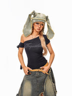 sugartiger Caramel Leopard Washed Distressed Rabbit Ear Vintage Women's Denim Hats