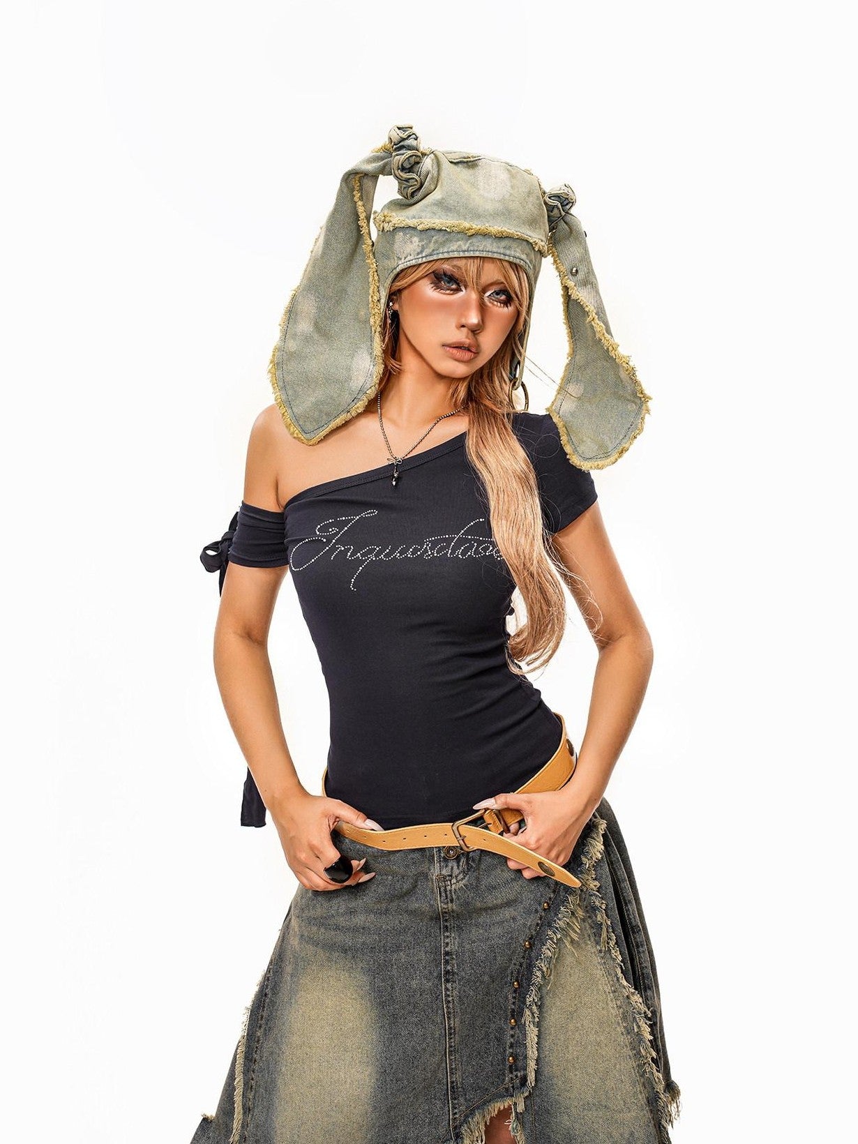 sugartiger Caramel Leopard Washed Distressed Rabbit Ear Vintage Women's Denim Hats
