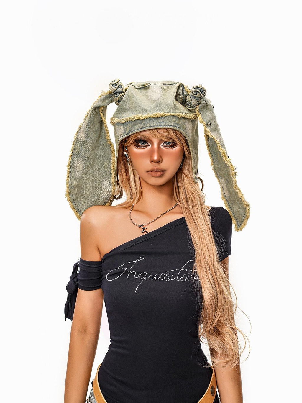 sugartiger Caramel Leopard Washed Distressed Rabbit Ear Vintage Women's Denim Hats