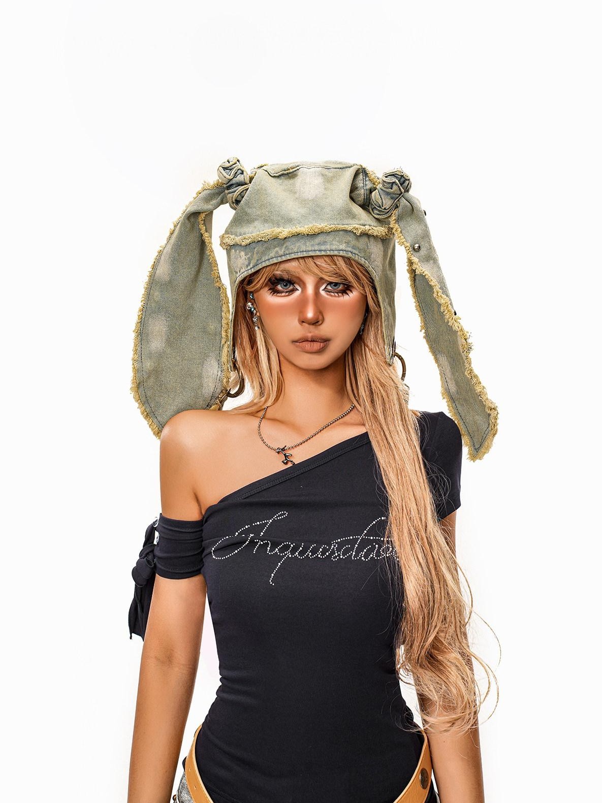 sugartiger Caramel Leopard Washed Distressed Rabbit Ear Vintage Women's Denim Hats