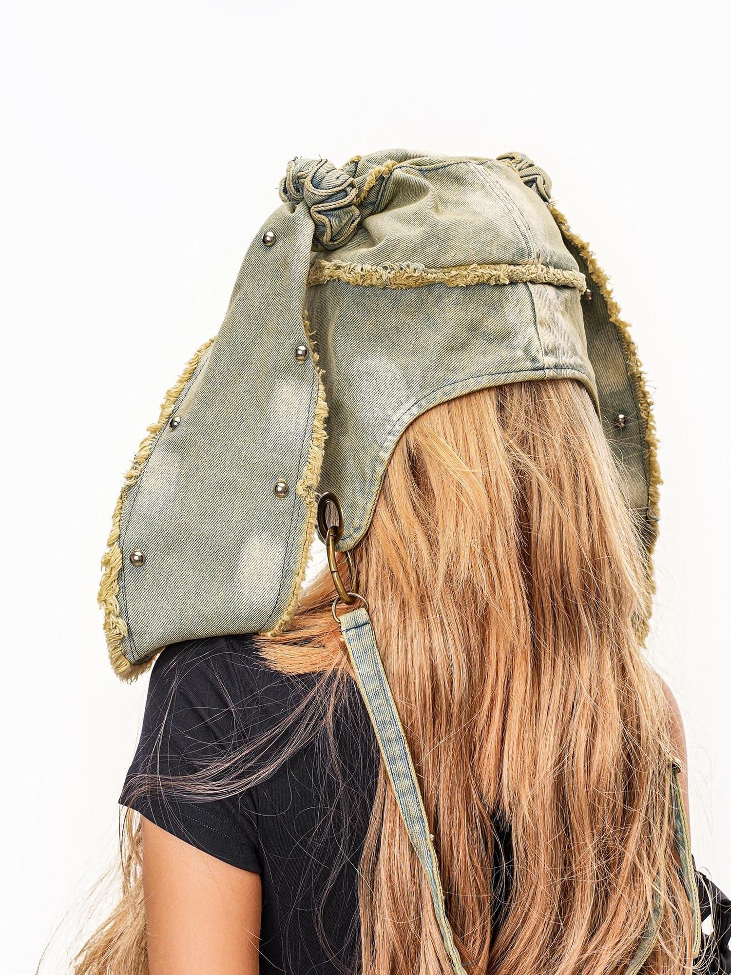sugartiger Caramel Leopard Washed Distressed Rabbit Ear Vintage Women's Denim Hats