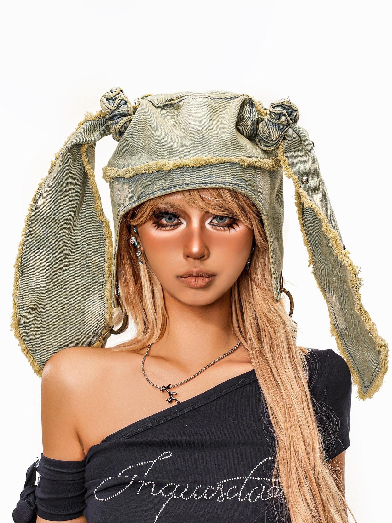 sugartiger Caramel Leopard Washed Distressed Rabbit Ear Vintage Women's Denim Hats