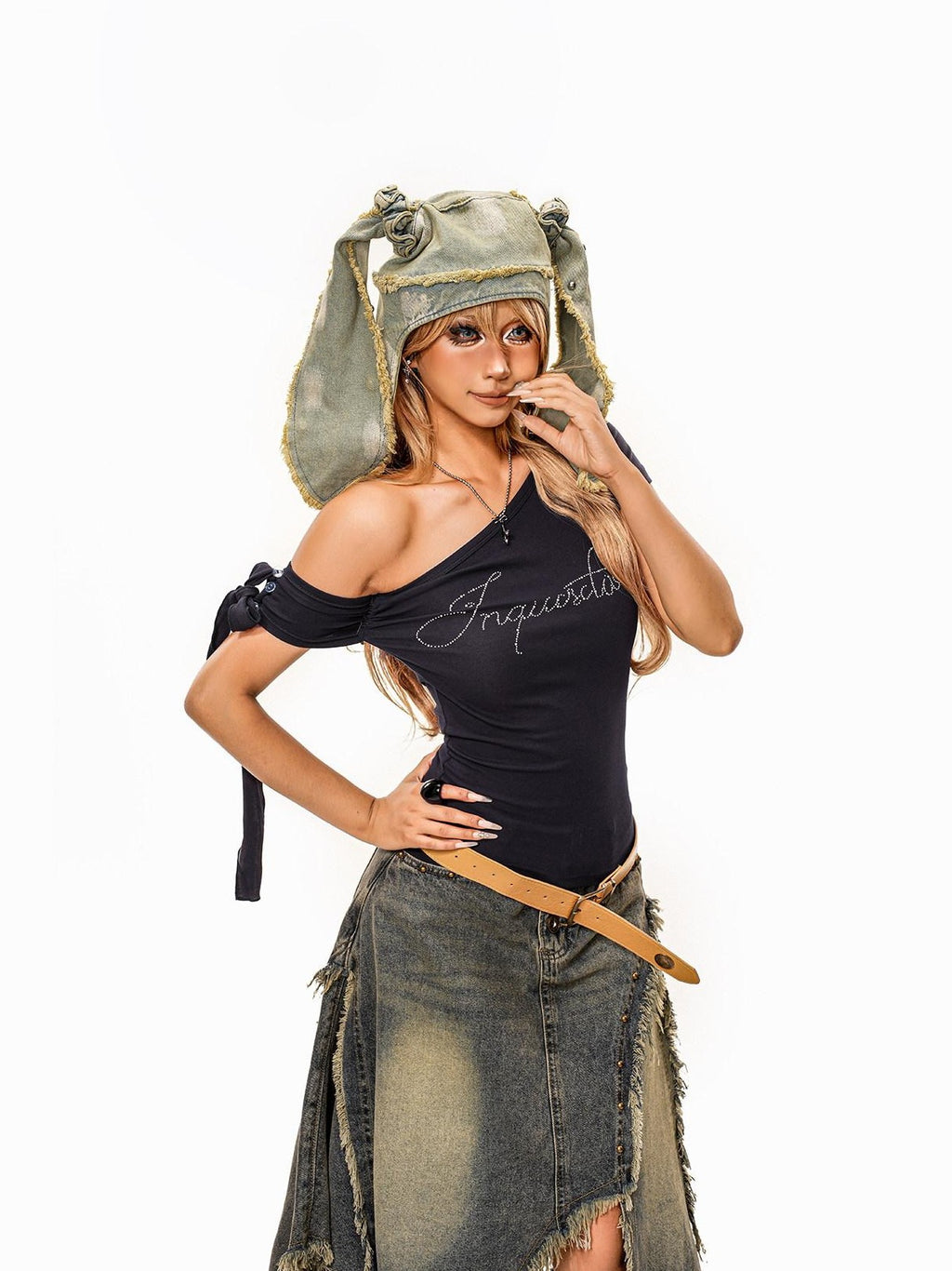 sugartiger Caramel Leopard Washed Distressed Rabbit Ear Vintage Women's Denim Hats