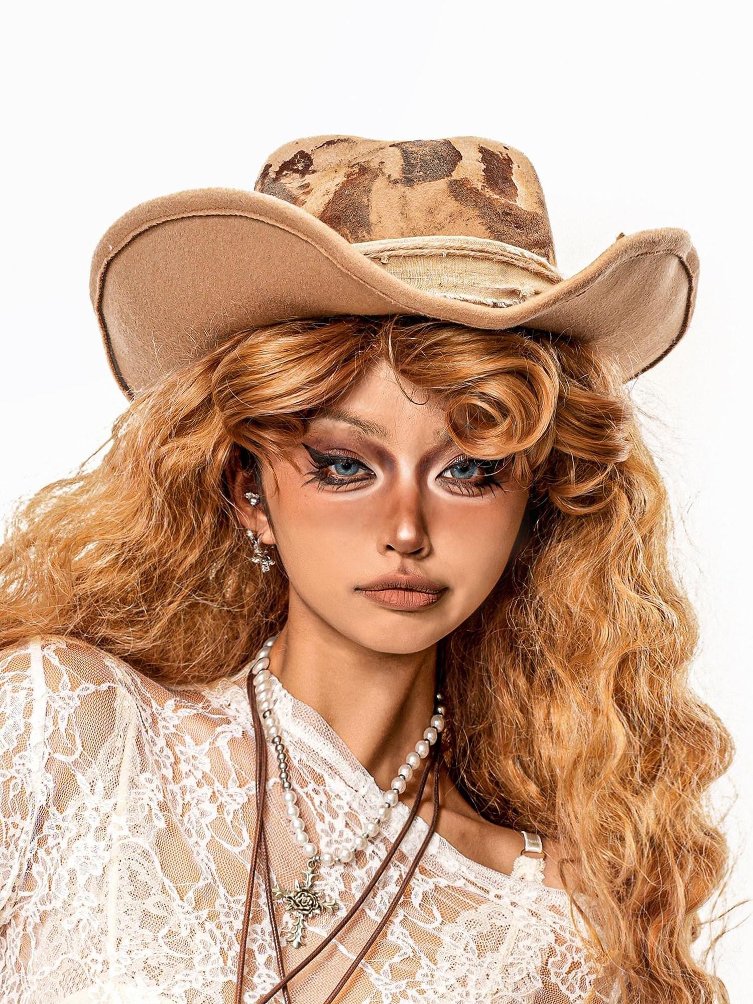 sugartiger Caramel Leopard Wide Brim Upturned Vintage Western Women's Cowboy Hats