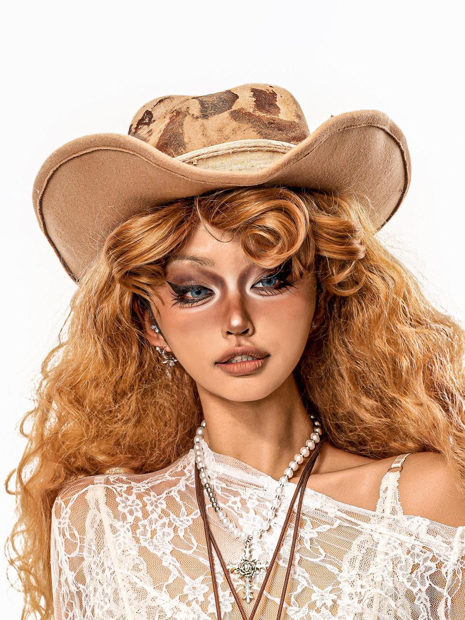sugartiger Caramel Leopard Wide Brim Upturned Vintage Western Women's Cowboy Hats