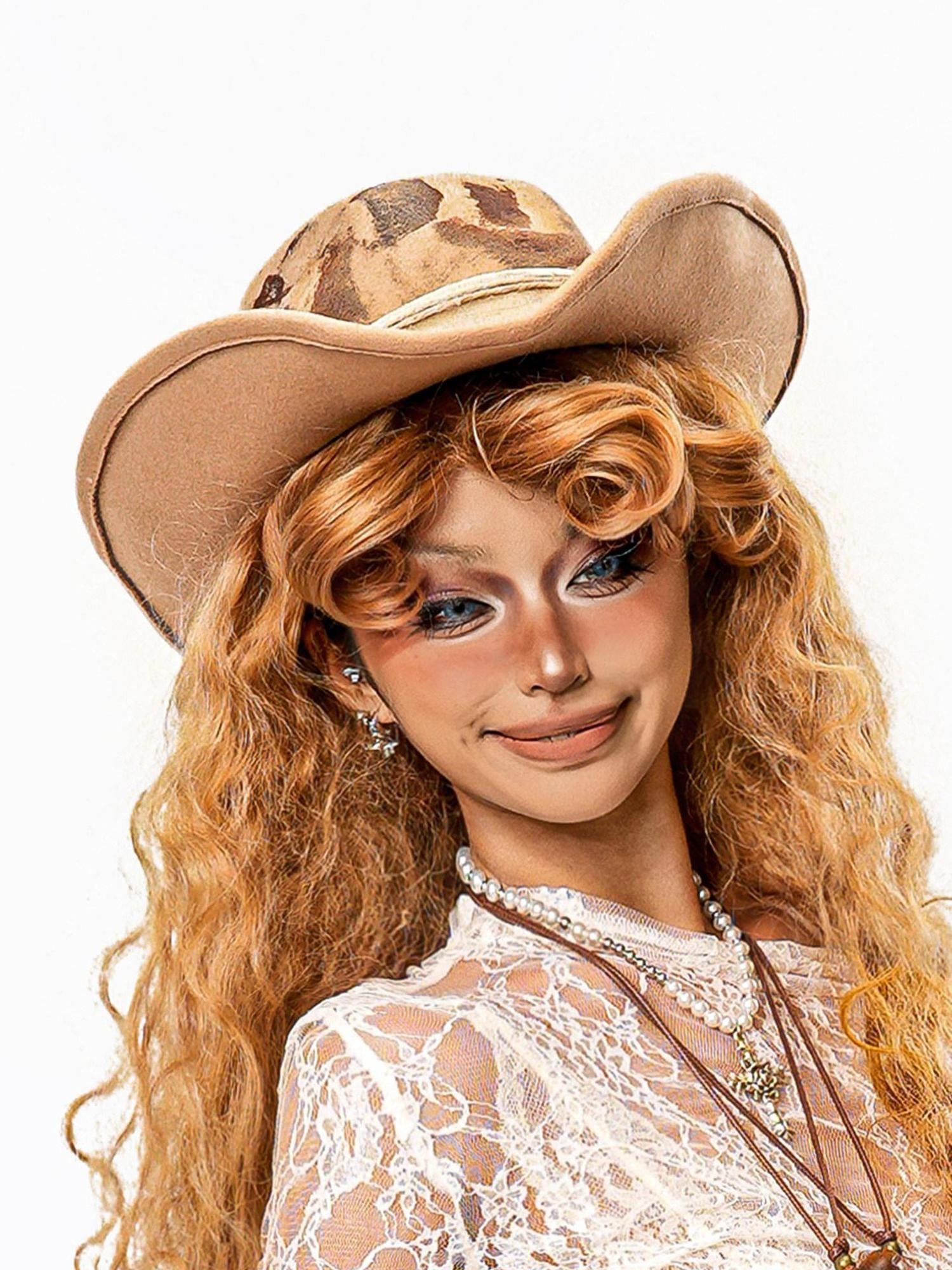 sugartiger Caramel Leopard Wide Brim Upturned Vintage Western Women's Cowboy Hats