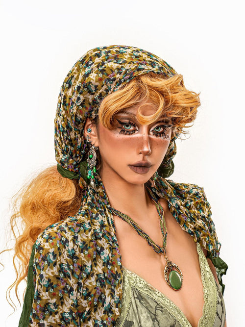 sugartiger Caramel Leopard Yellow Green Patchwork Floral Women's Scarves & Shawls