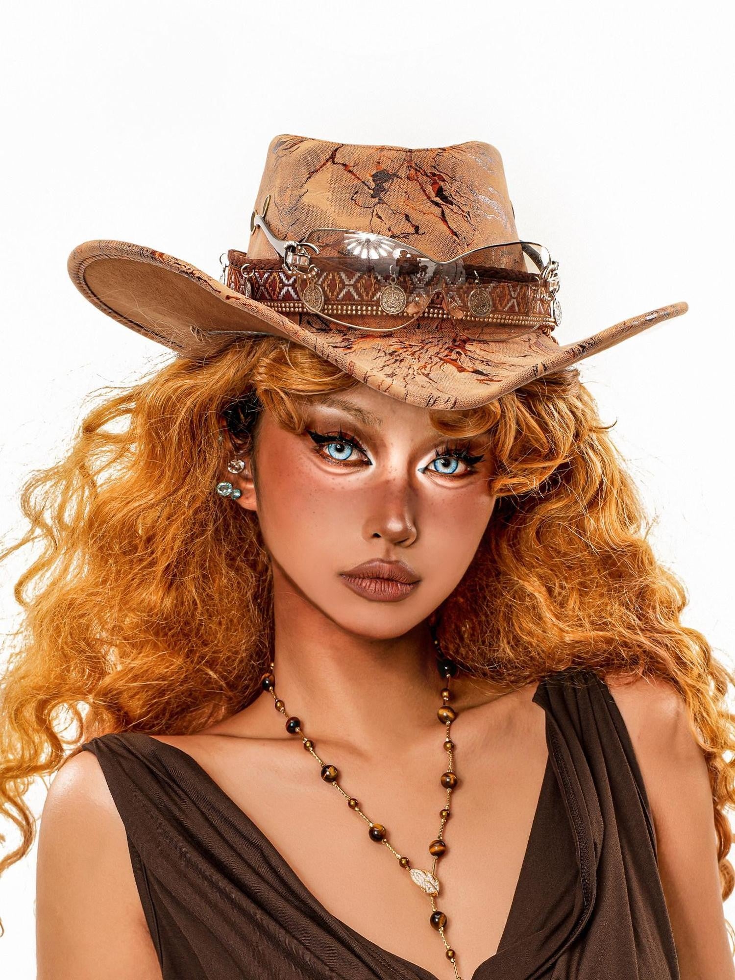 sugartiger Distressed Caramel Leopard Print Wide Brim Flat Top Women's Cowboy Hats