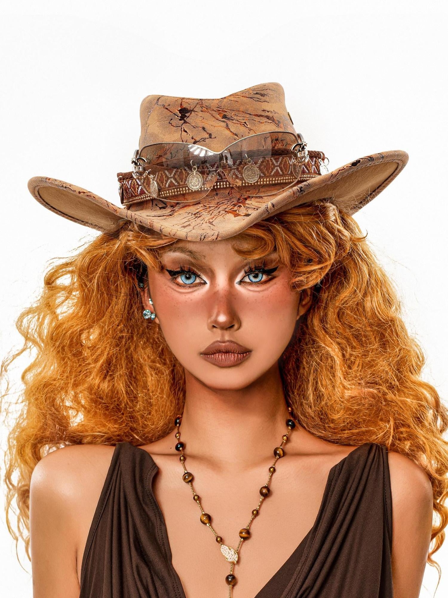 sugartiger Distressed Caramel Leopard Print Wide Brim Flat Top Women's Cowboy Hats