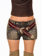 sugartiger Wine Red Leopard Patchwork Carved Floral Women's Printed Buckle Belts