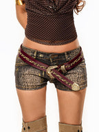 sugartiger Wine Red Leopard Patchwork Carved Floral Women's Printed Buckle Belts