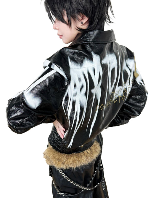 triSEGG Black Gold Graffiti Studded Cropped Pu Women's Leather Jackets