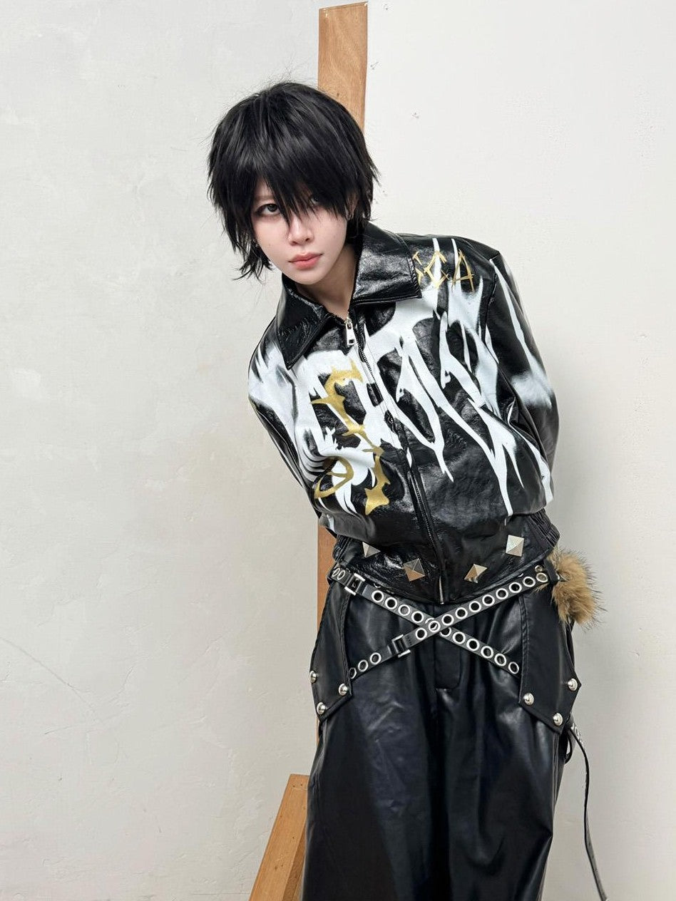 triSEGG Black Gold Graffiti Studded Cropped Pu Women's Leather Jackets