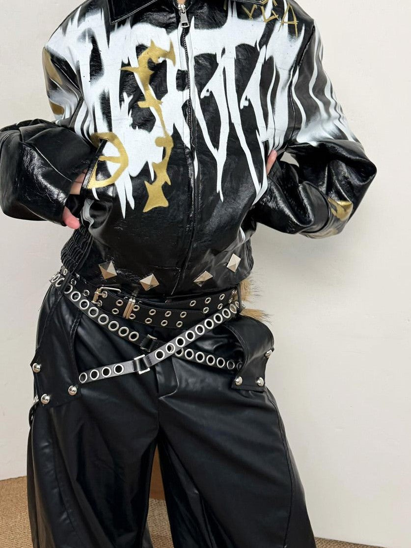 triSEGG Black Gold Graffiti Studded Cropped Pu Women's Leather Jackets