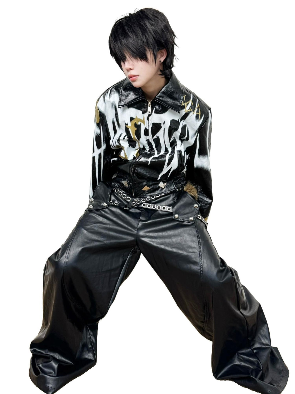 triSEGG Black Gold Graffiti Studded Cropped Pu Women's Leather Jackets