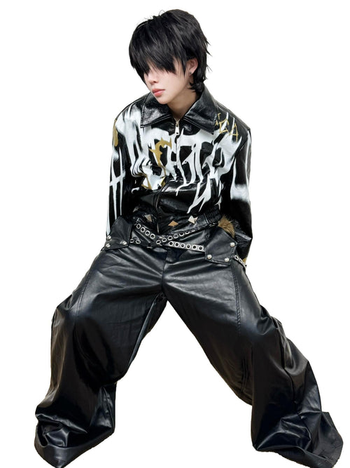 triSEGG Black Gold Graffiti Studded Cropped Pu Women's Leather Jackets