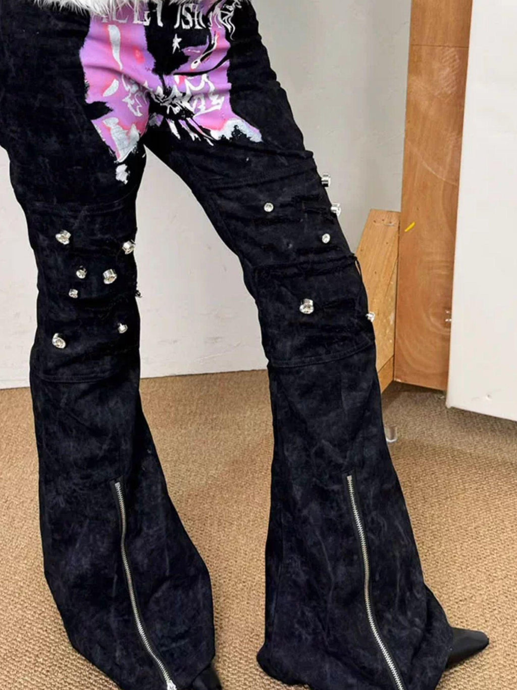 triSEGG Butterfly Print Distressed Slim Fit Women's Denim Flare Jeans