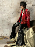 triSEGG Flame Print Studded Pu Leather Zipper Pockets Women's Flare Pants