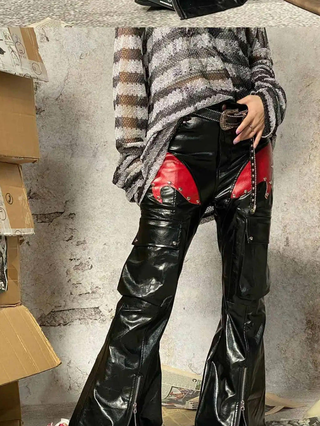 triSEGG Flame Print Studded Pu Leather Zipper Pockets Women's Flare Pants
