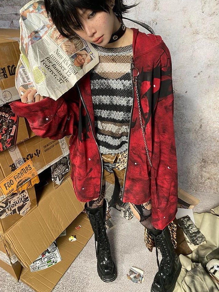 triSEGG Graffiti Print Distressed Zip Up Loose Fit Women's Cotton Hoodies