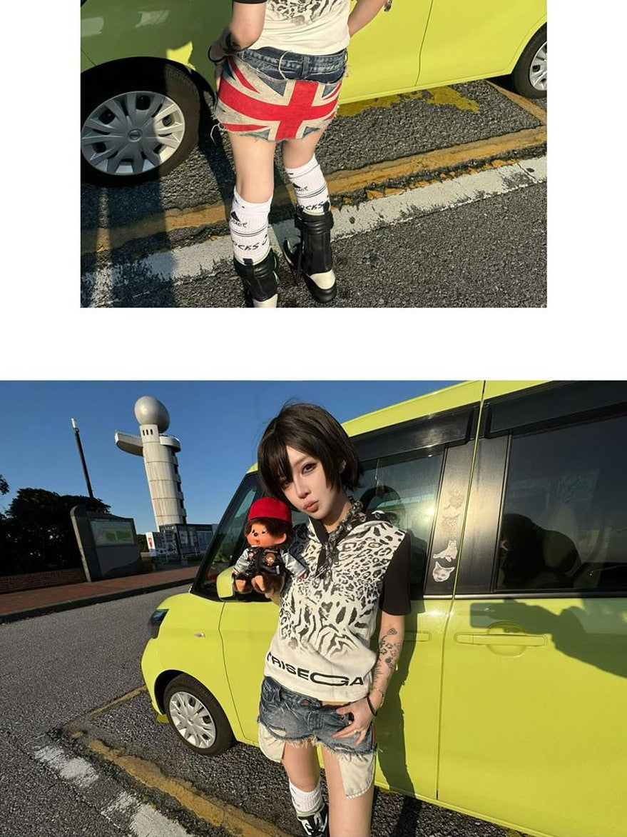 triSEGG Leopard Print Color Block Cross Button Short Sleeve Women's Cotton Hoodies