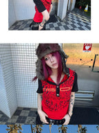 triSEGG Leopard Print Color Block Cross Button Short Sleeve Women's Cotton Hoodies
