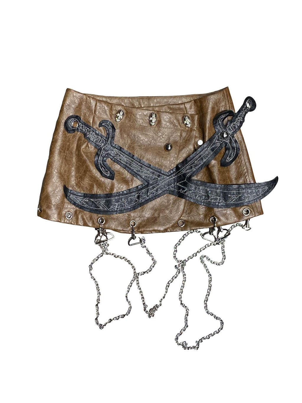 triSEGG Punk Metallic Chain Skull Stud Silver Embroidery Pu Women's Mini Skirts