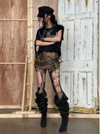 triSEGG Punk Metallic Chain Skull Stud Silver Embroidery Pu Women's Mini Skirts