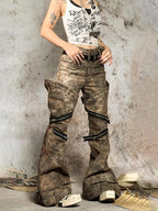 triSEGG Rust Distressed Zip Detail Structured Women's Wide-leg Jeans