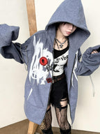 triSEGG Striped Graffiti Print Metal Tag Loose Fit Women's Polyester Hoodies