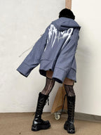 triSEGG Striped Graffiti Print Metal Tag Loose Fit Women's Polyester Hoodies