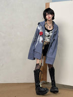 triSEGG Striped Graffiti Print Metal Tag Loose Fit Women's Polyester Hoodies