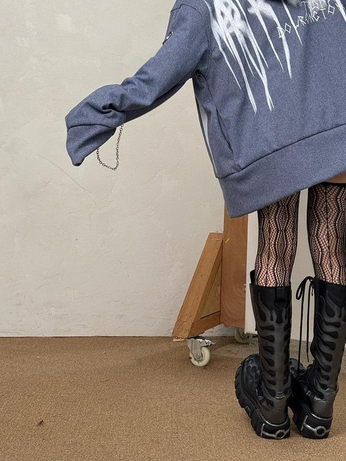 triSEGG Striped Graffiti Print Metal Tag Loose Fit Women's Polyester Hoodies