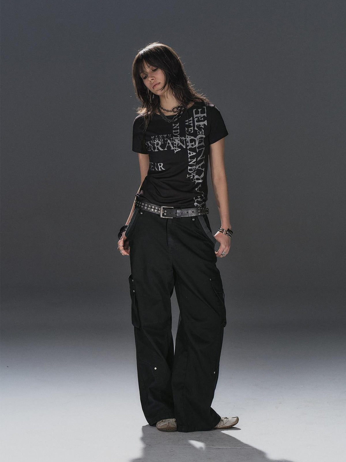 wear And tear Asymmetric Multi Pocket Rivet Ribbed Panel Elastic Waist Women's Cotton Straight Pants