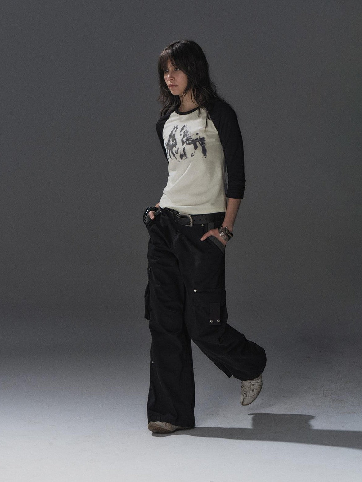 wear And tear Asymmetric Multi Pocket Rivet Ribbed Panel Elastic Waist Women's Cotton Straight Pants