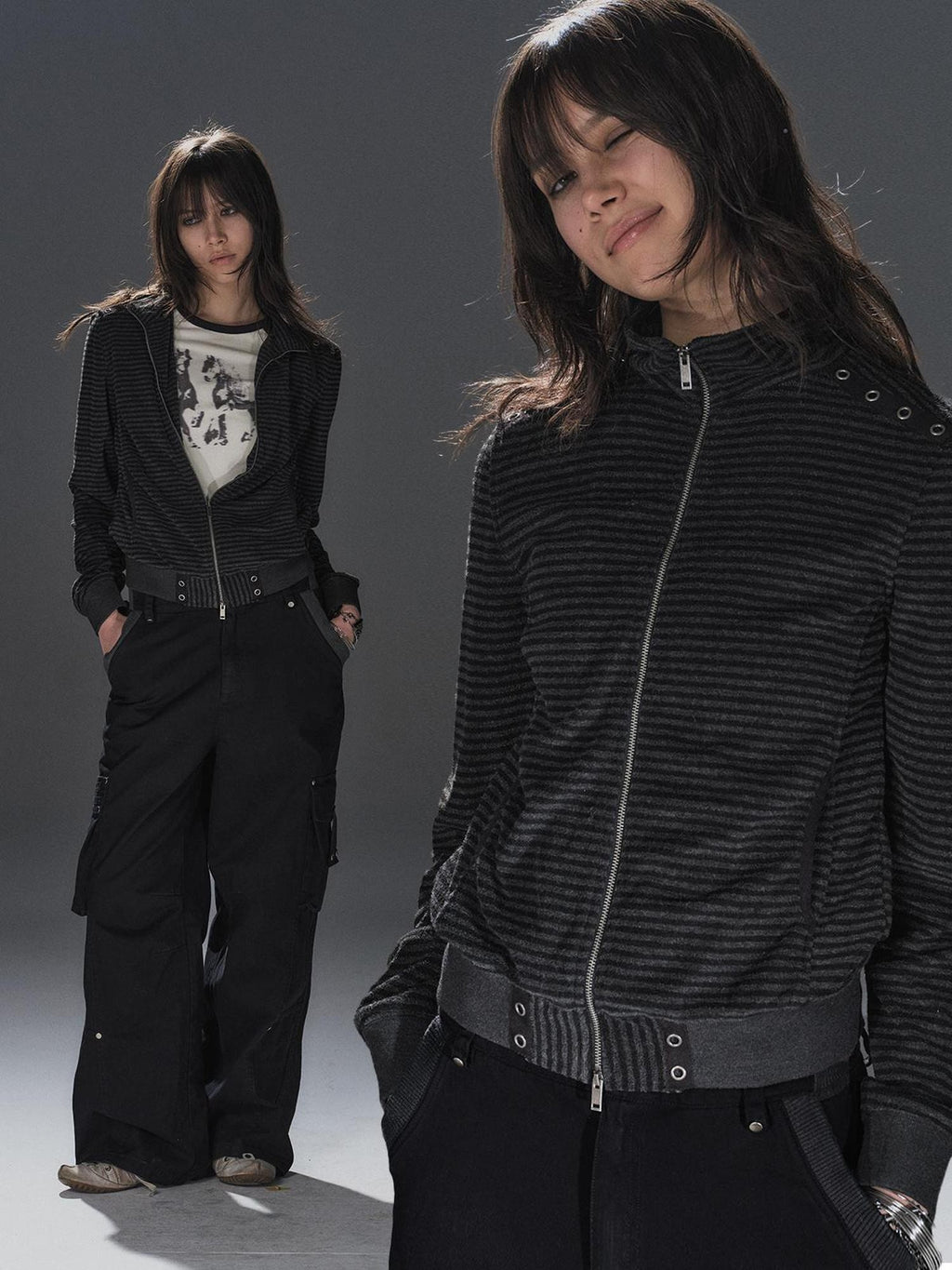 wear And tear Black Grey Striped Punk Stand Collar Ribbed Hem Lightweight Women's Casual Jackets