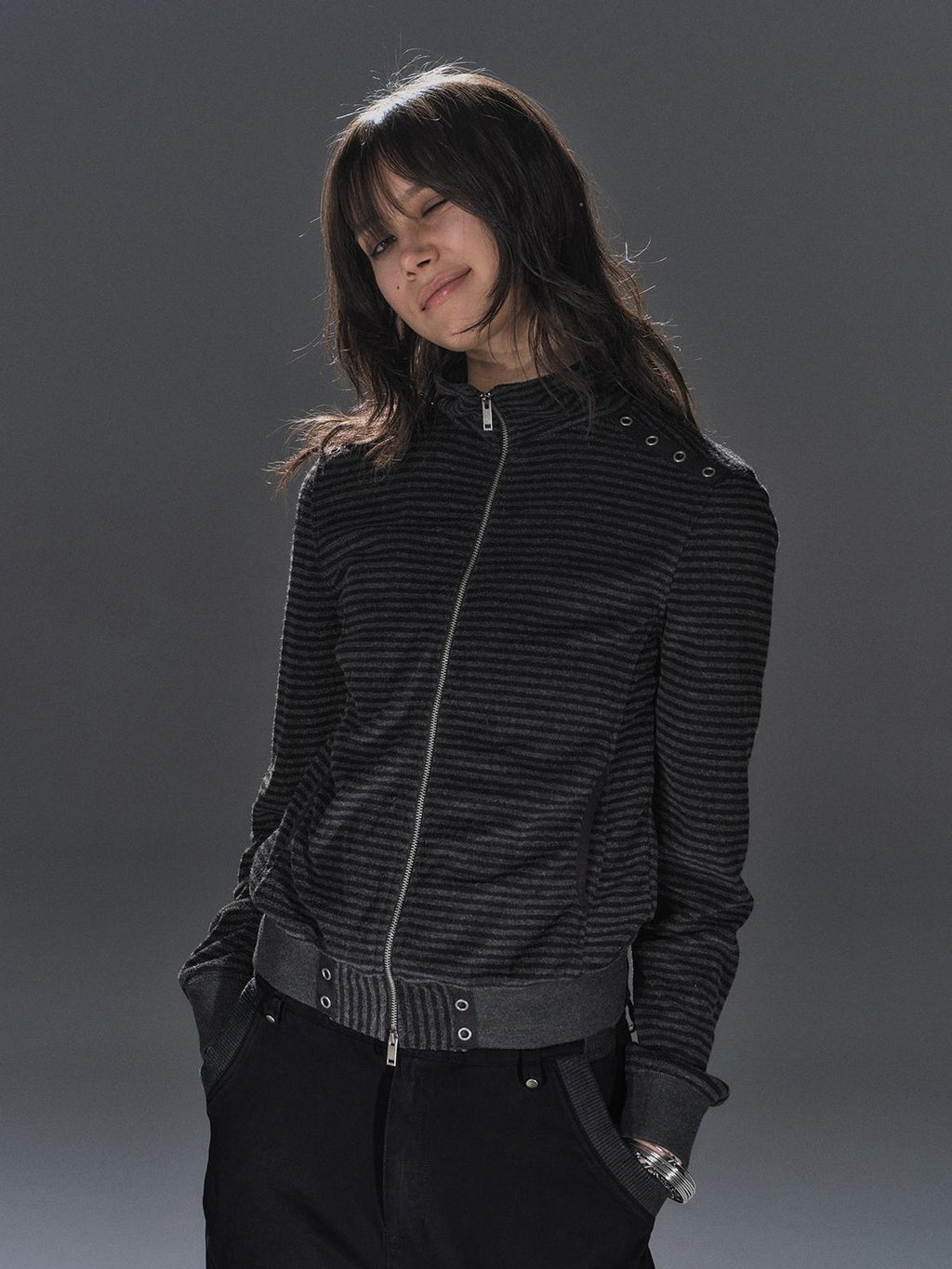 wear And tear Black Grey Striped Punk Stand Collar Ribbed Hem Lightweight Women's Casual Jackets